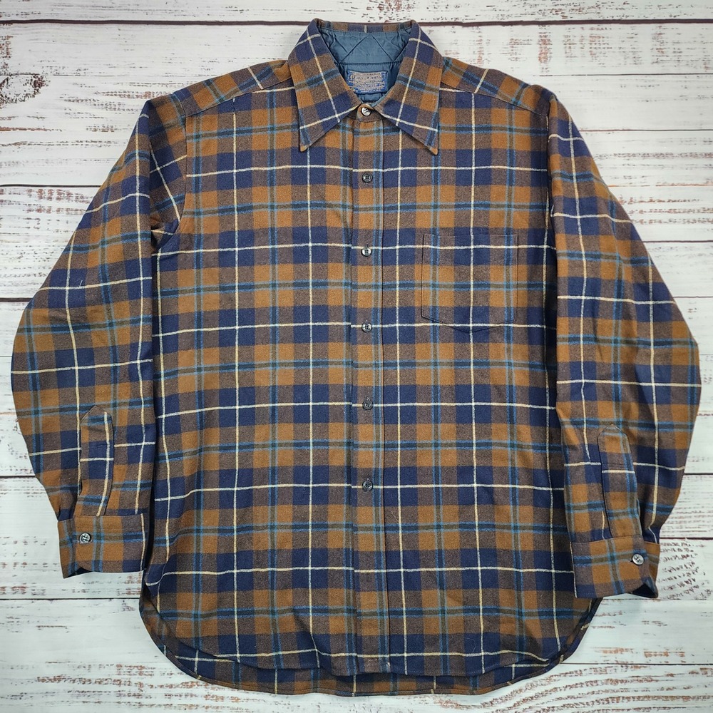 Vintage Pendleton‎ Wool Flannel Shirt Mens Large Plaid Brown Western Camp USA